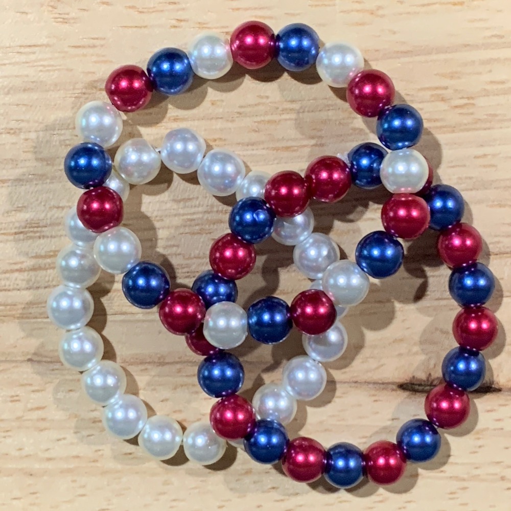 Handcrafted Red White Blue Patriotic Glass Faux Pearl Stretch‎ Bracelet Set of 3